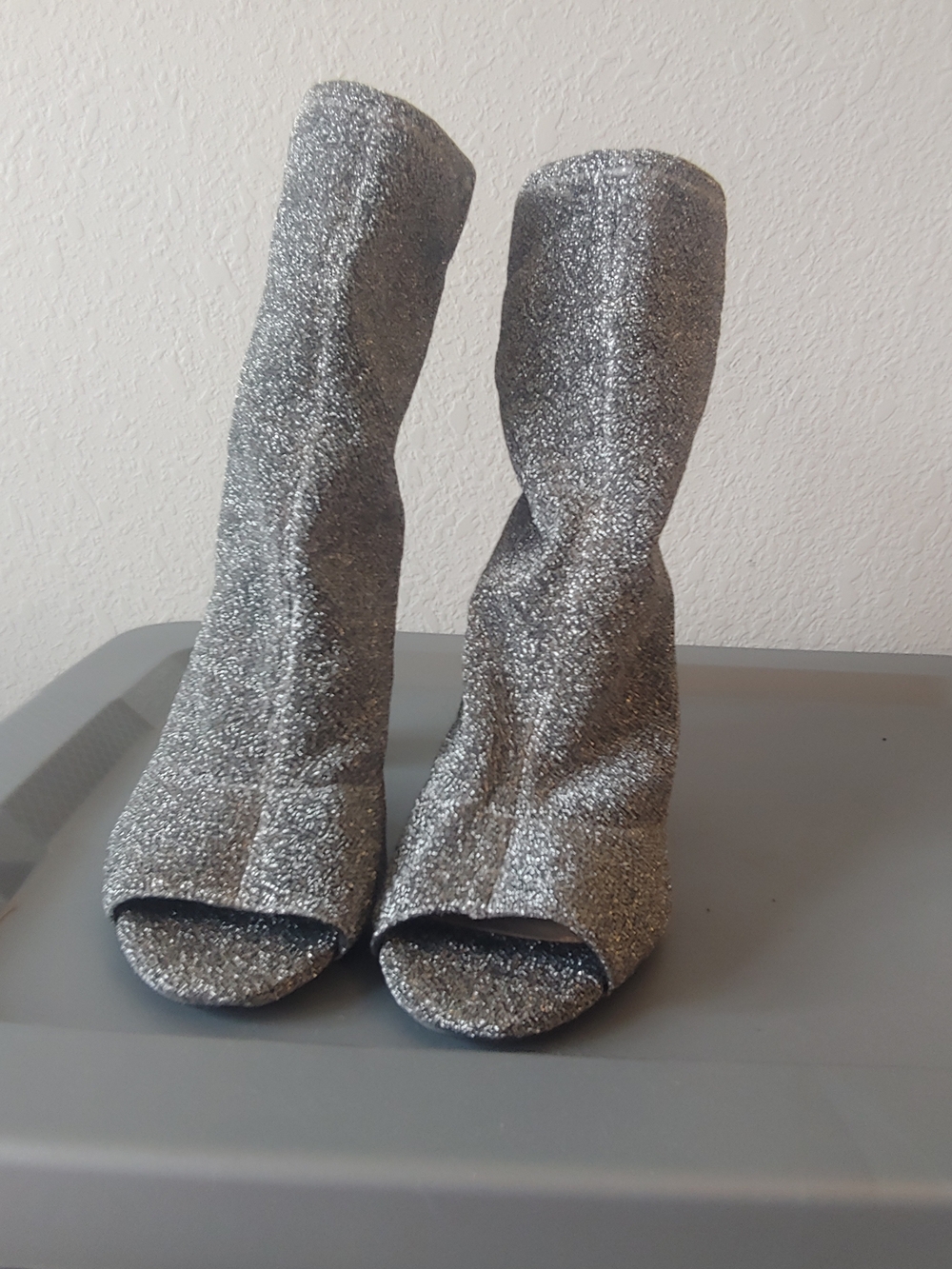 Jessica Simpson Silver Glitter Peep-Toe Heeled Boots
